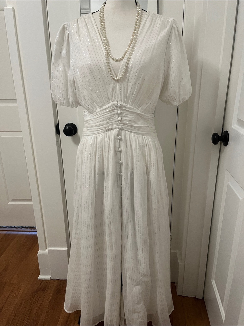 Anthropologie White w/Silver Thread Maxi Dress Wedding Bridal Party Sz12 Worn 1x